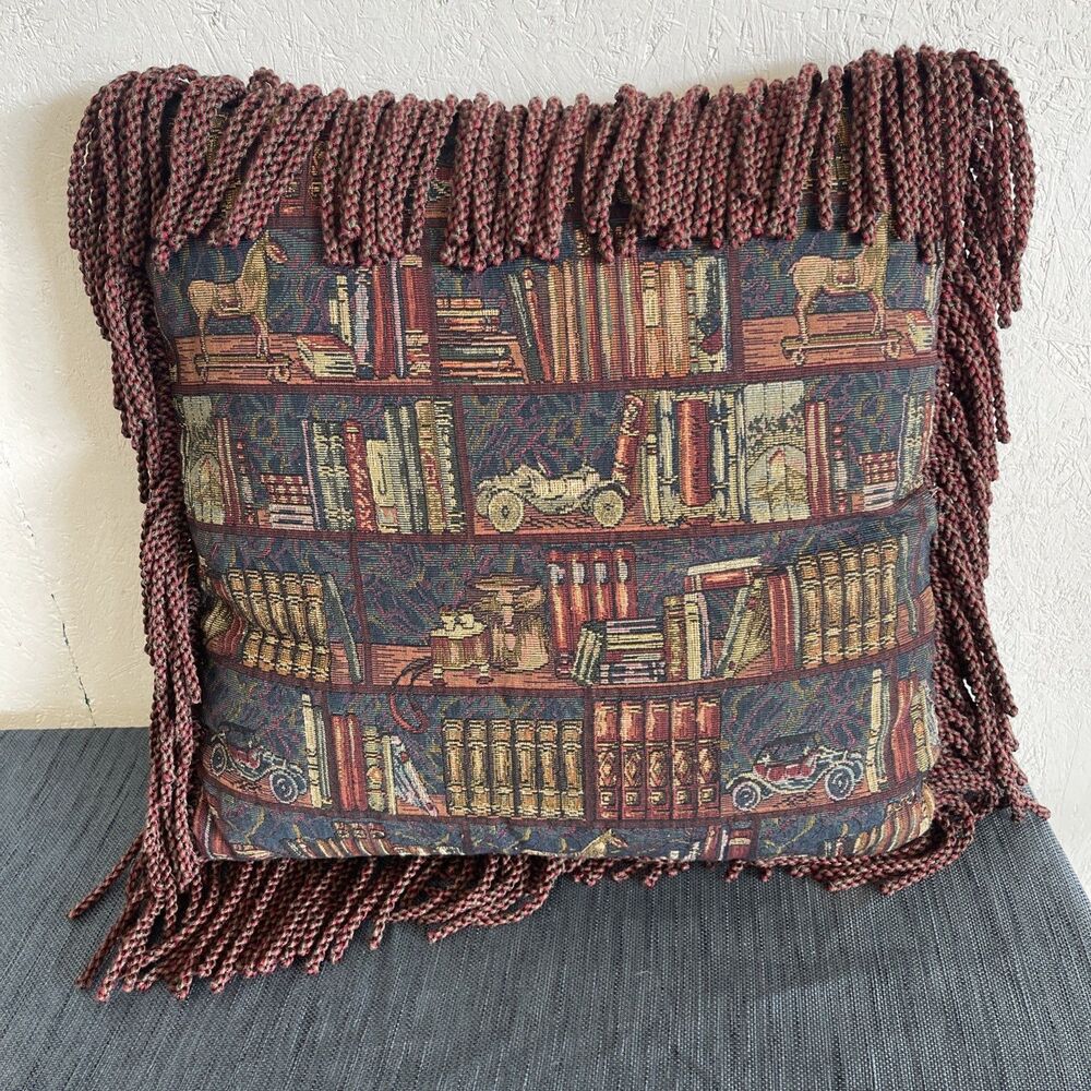 Double Sided Classic Library Book Vintage Car Tapestry Pillow Horse Fringe‎ 19”￼